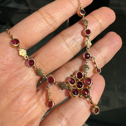 Murrle Bennett Antique Rose Garnet & Seed Pearl Bohemian 9K Yellow Gold Drop Necklace, c.1900s