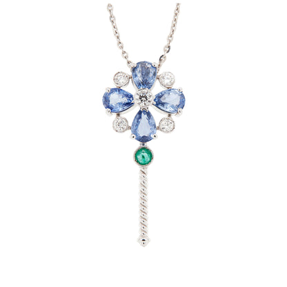 Diamond, Sapphire & Emerald Abstract Key Drop Pendant Necklace in 18K White Gold
