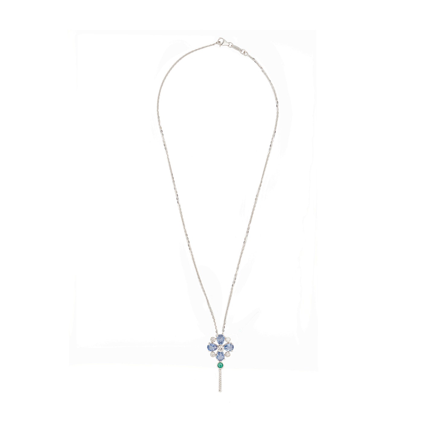 Diamond, Sapphire & Emerald Abstract Key Drop Pendant Necklace in 18K White Gold