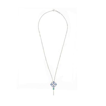 Diamond, Sapphire & Emerald Abstract Key Drop Pendant Necklace in 18K White Gold