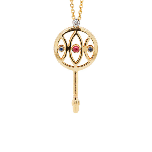 Ruby, Sapphire & Diamond Stylised Key Pendant Necklace in 18 Carat Yellow Gold