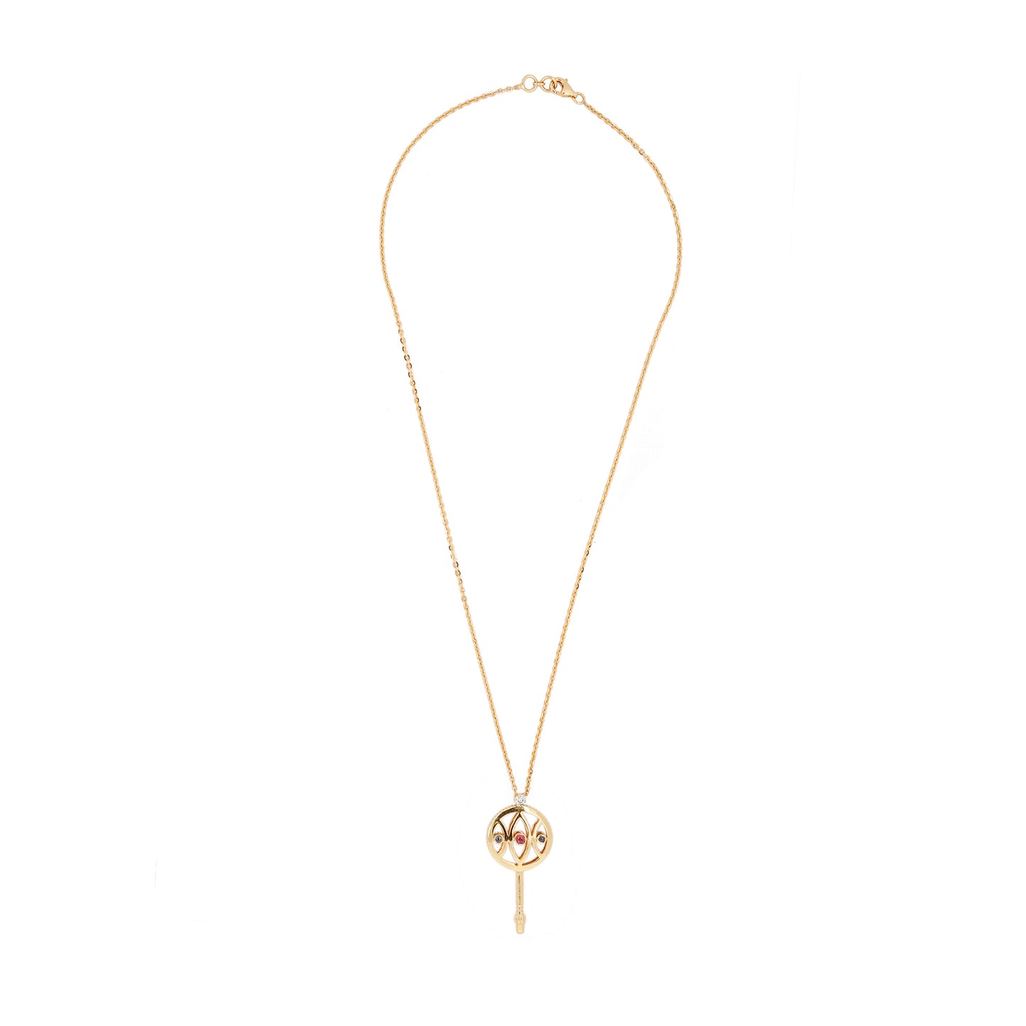 Ruby, Sapphire & Diamond Stylised Key Pendant Necklace in 18 Carat Yellow Gold
