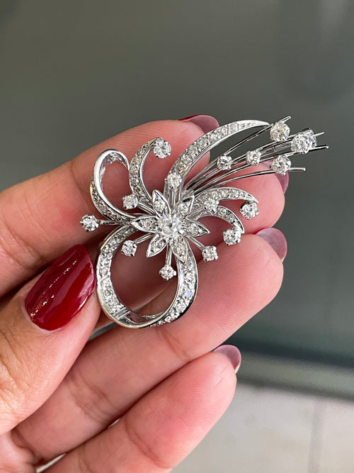 Vintage Old Cut Diamond Platinum Spray Brooch, Circa 1950s