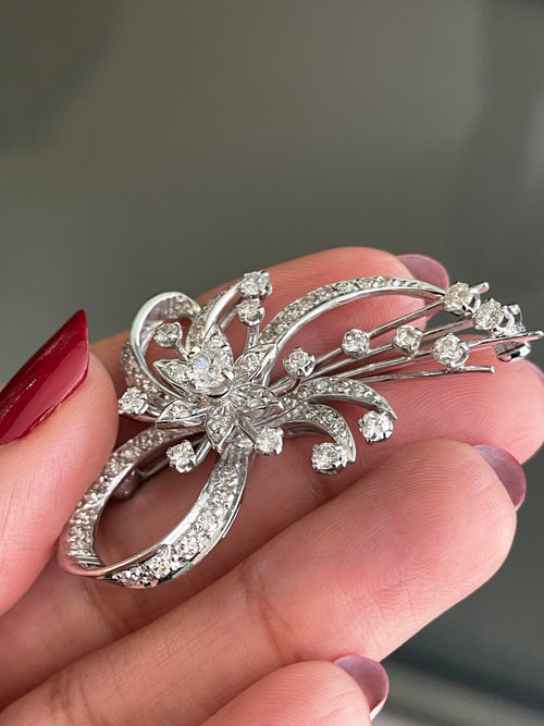 Vintage Old Cut Diamond Platinum Spray Brooch, Circa 1950s