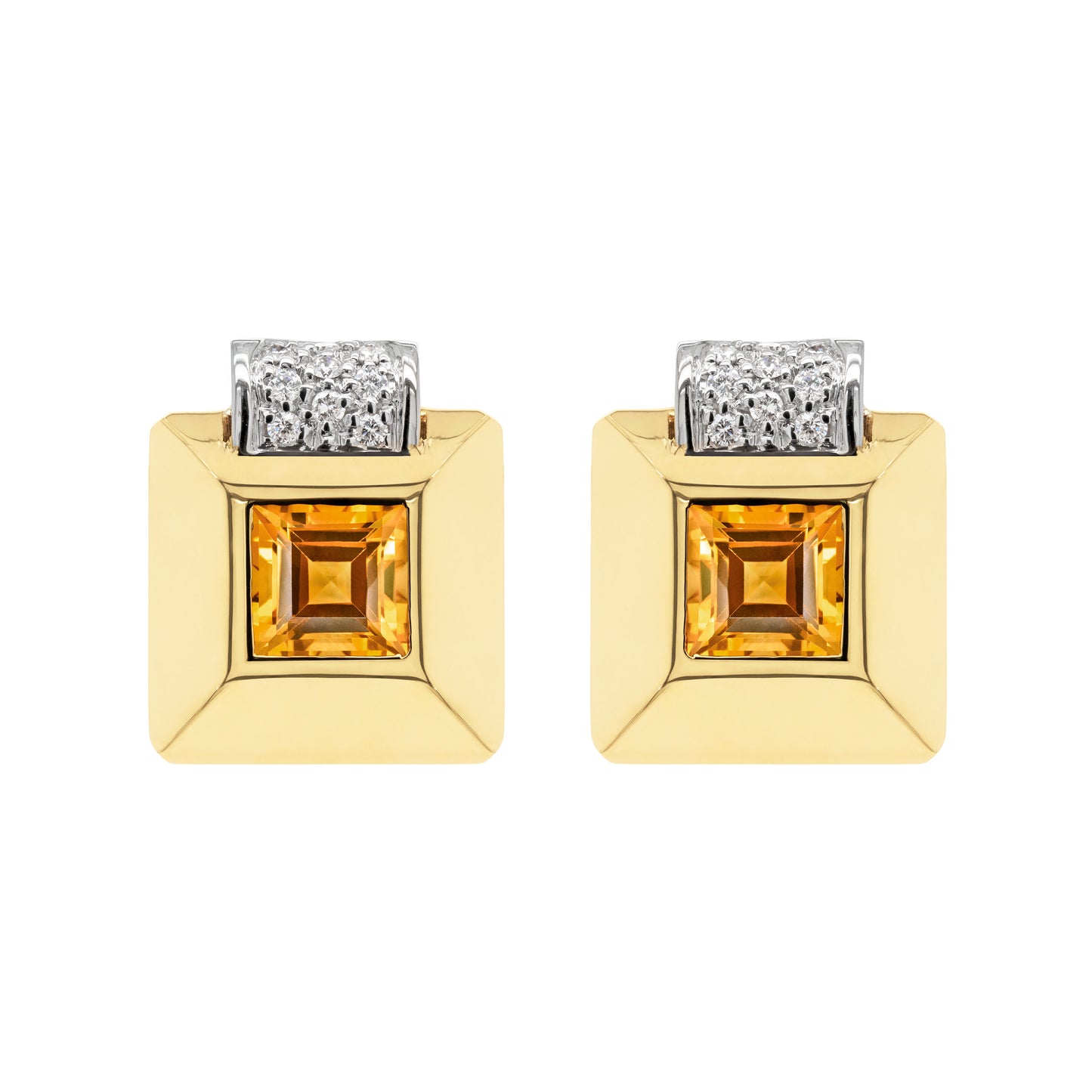 Retro Citrine and Diamond 18 Carat Gold Square Stud Earrings