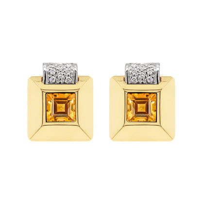 Retro Citrine and Diamond 18 Carat Gold Square Stud Earrings