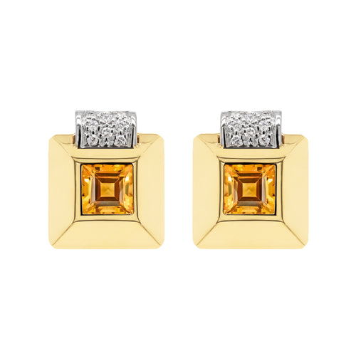 Retro Citrine and Diamond 18 Carat Gold Square Stud Earrings