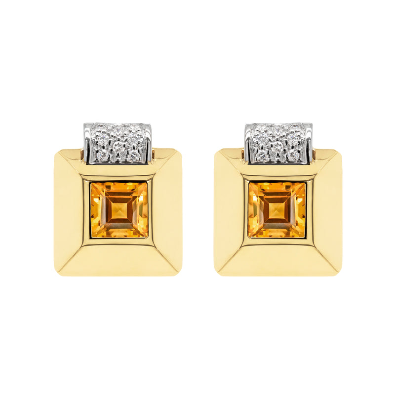 Retro Citrine and Diamond 18 Carat Gold Square Stud Earrings