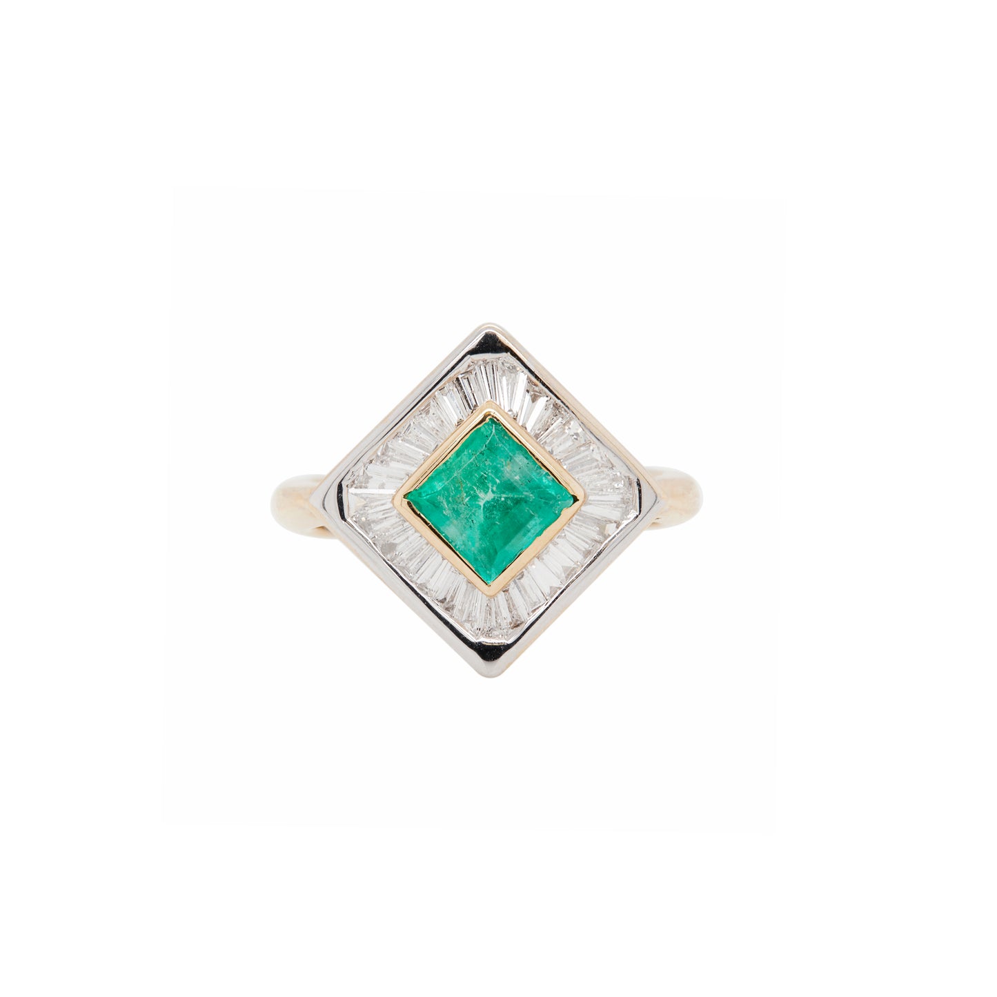 Colombian Emerald and Baguette Cut Diamond 18 Carat Gold Square Dress Ring