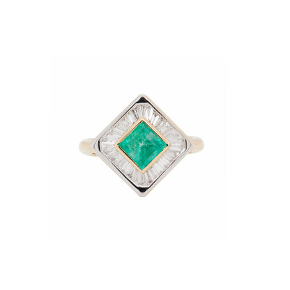 Colombian Emerald and Baguette Cut Diamond 18 Carat Gold Square Dress Ring