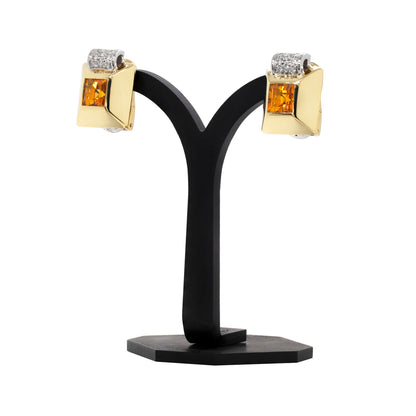 Retro Citrine and Diamond 18 Carat Gold Square Stud Earrings