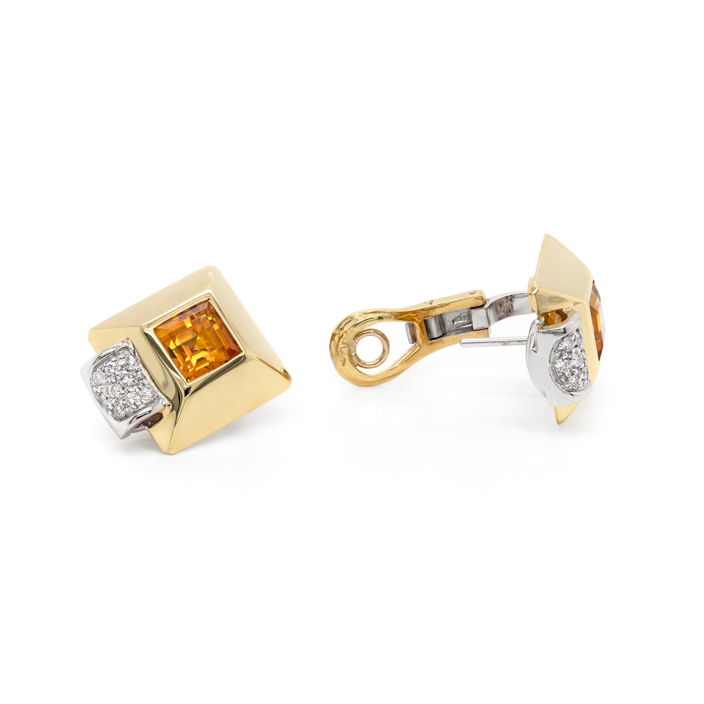 Retro Citrine and Diamond 18 Carat Gold Square Stud Earrings