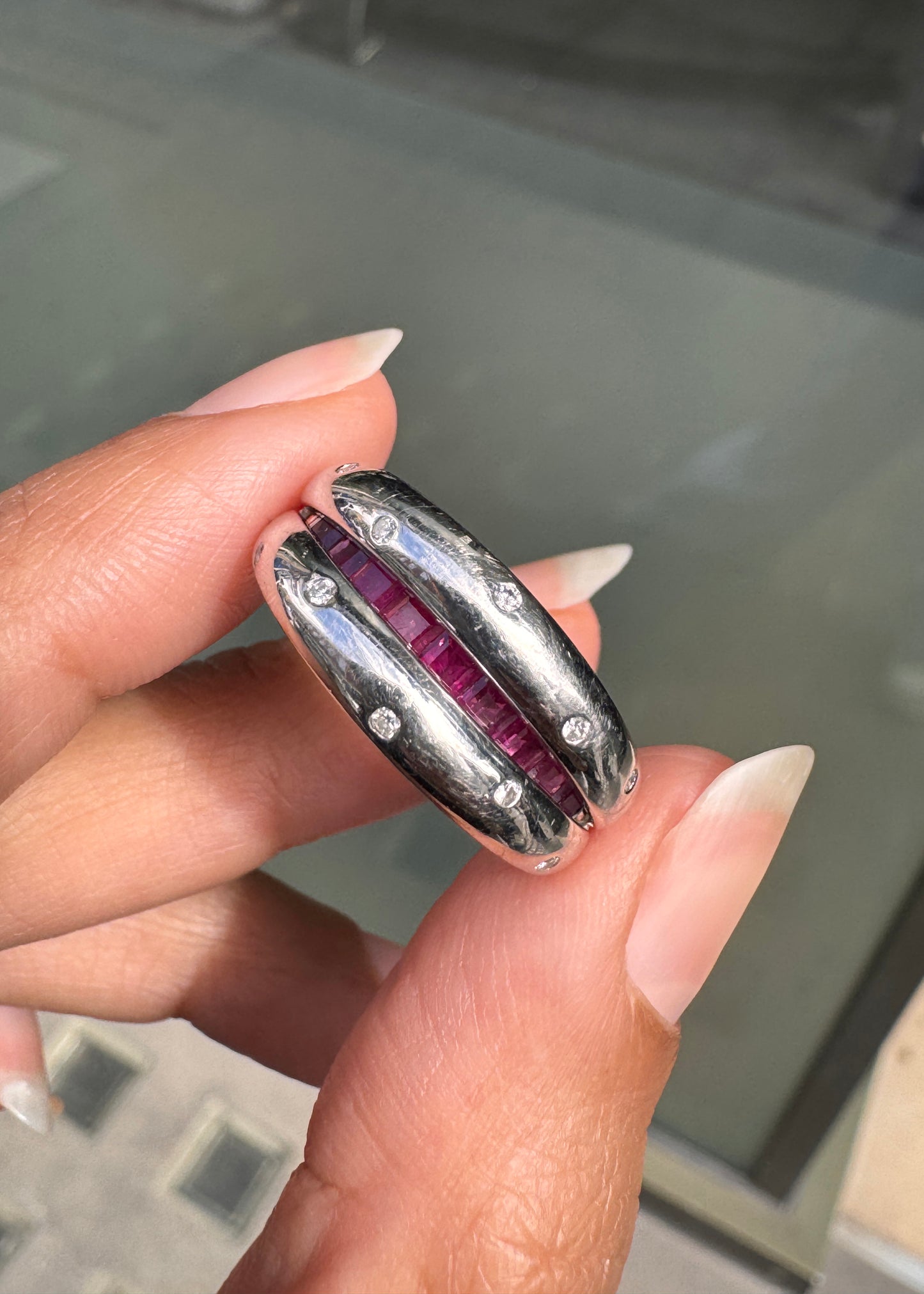 Ruby and Diamond 18 Carat White Gold Hinged Tapered Band Ring