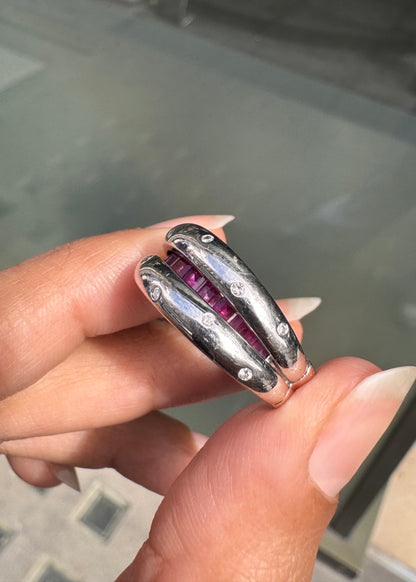 Ruby and Diamond 18 Carat White Gold Hinged Tapered Band Ring