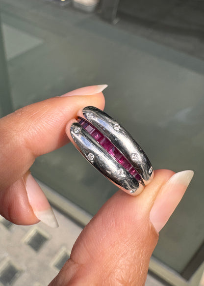 Ruby and Diamond 18 Carat White Gold Hinged Tapered Band Ring