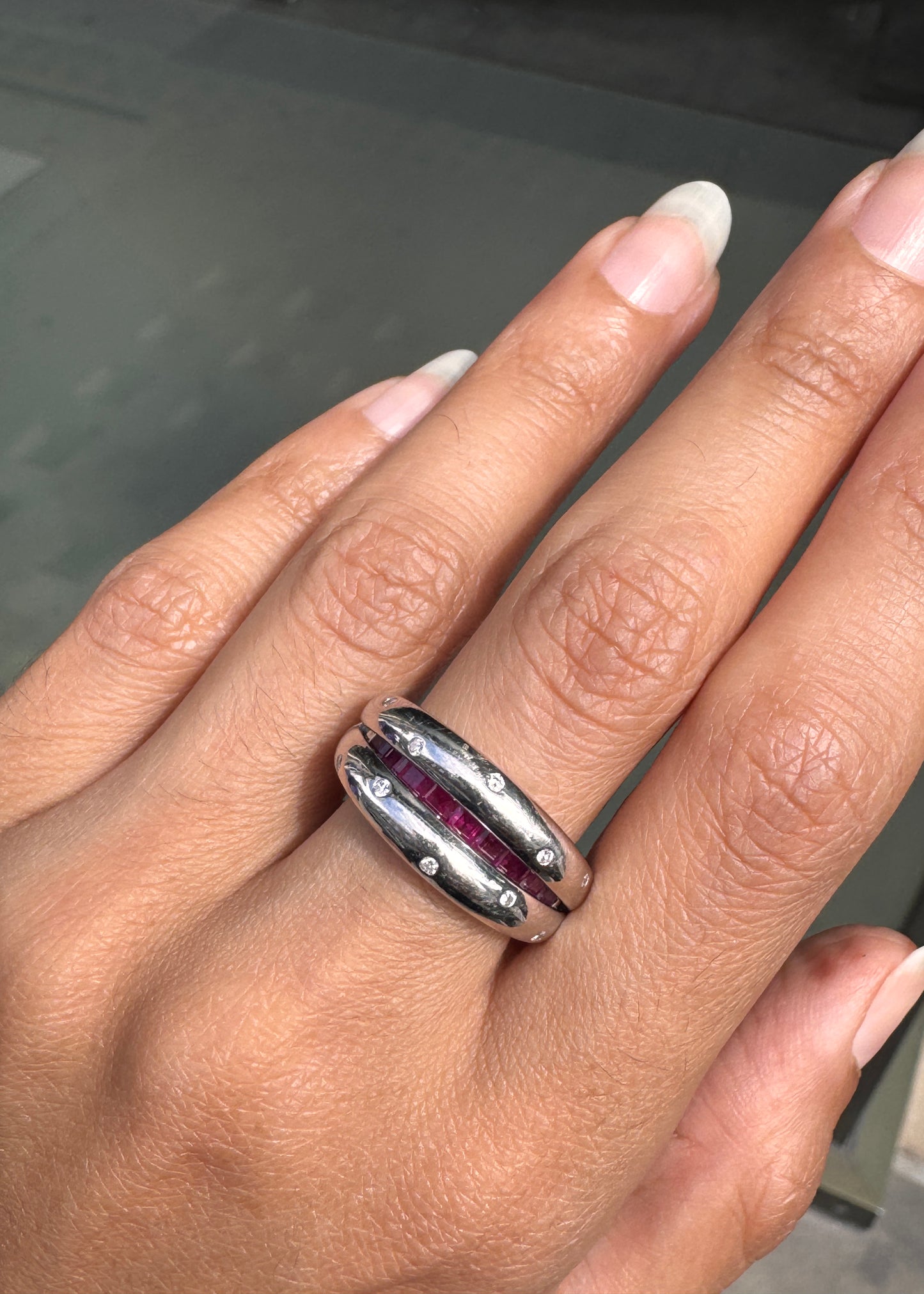 Ruby and Diamond 18 Carat White Gold Hinged Tapered Band Ring