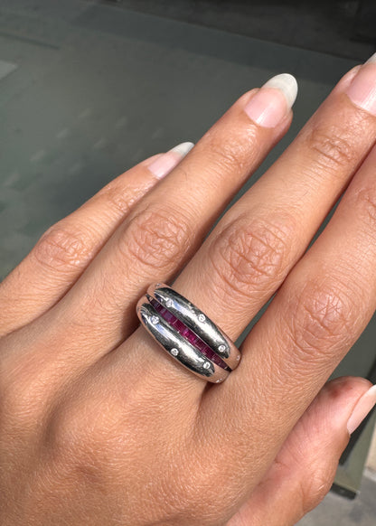 Ruby and Diamond 18 Carat White Gold Hinged Tapered Band Ring