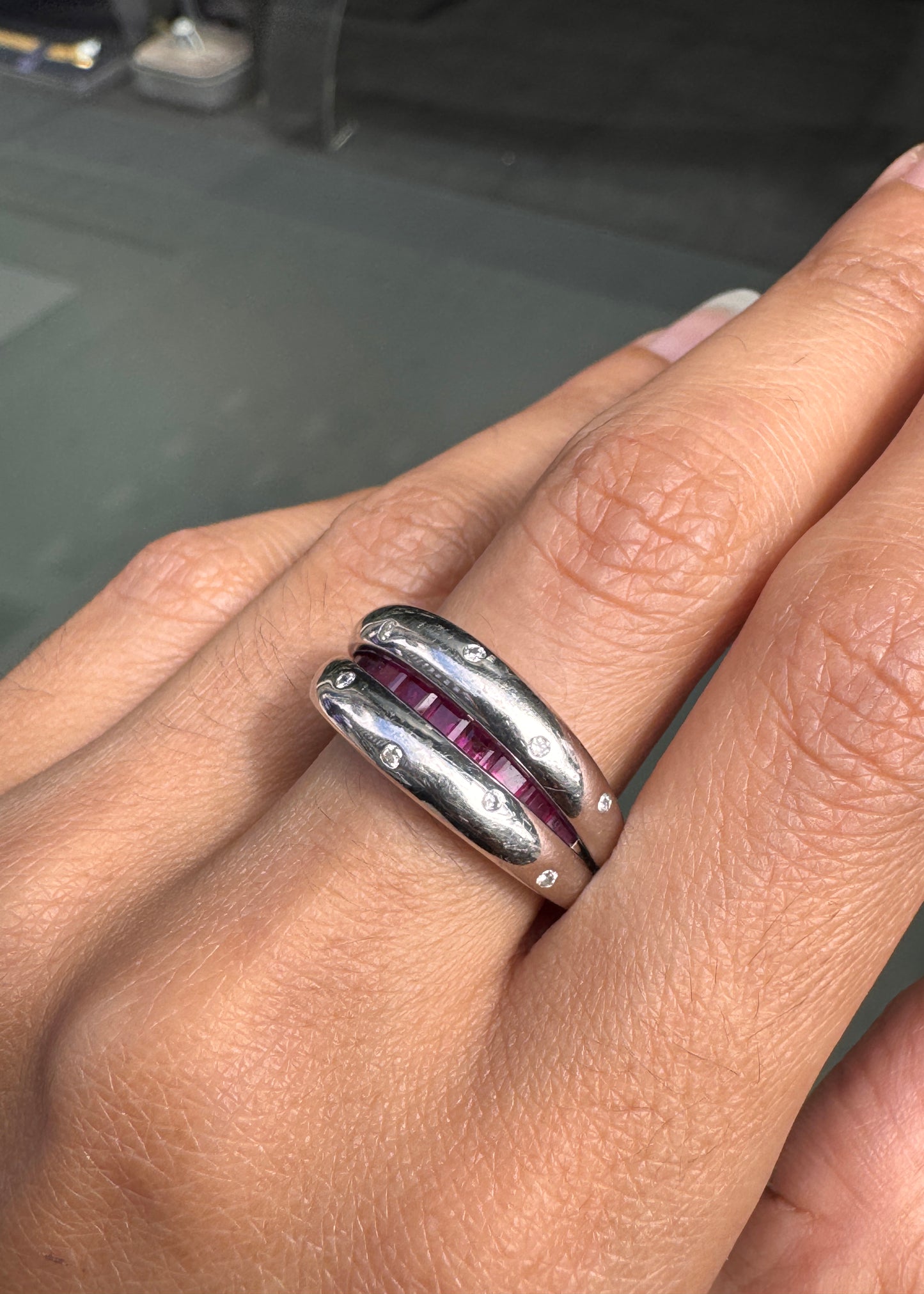 Ruby and Diamond 18 Carat White Gold Hinged Tapered Band Ring