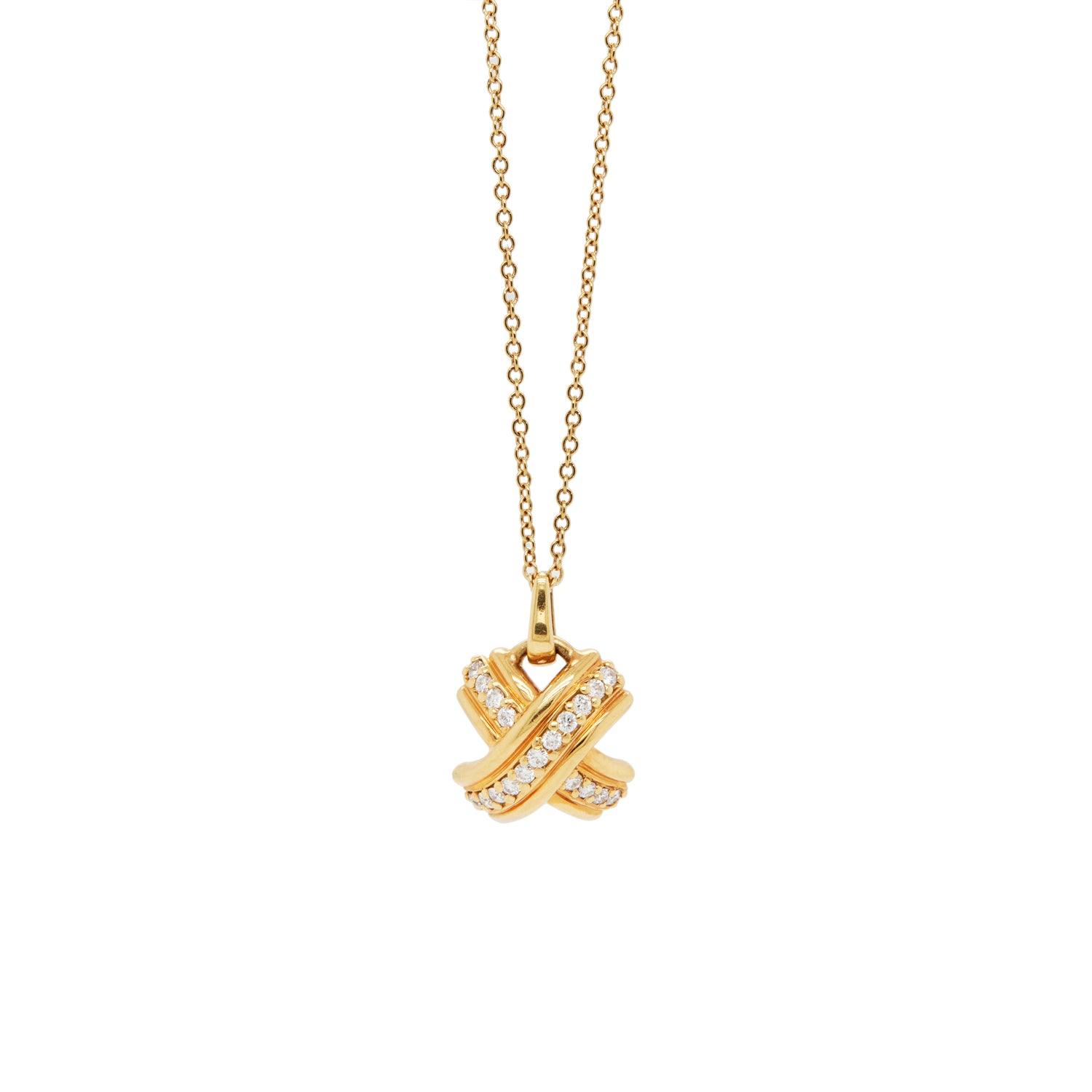 Tiffany & Co. Signature X Diamond & 18 Carat Yellow Gold 'Kiss' Pendant Necklace