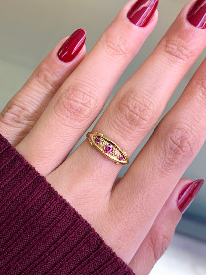 Antique Ruby and Old Cut Diamond 18 Carat Yellow Gold Five-Stone Ring, 1911