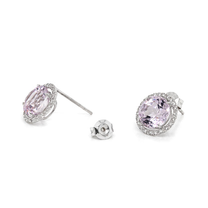 Kunzite and Diamond 18 Carat White Gold Halo Cluster Stud Earrings