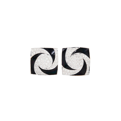 Diamond & Black Enamel 'Hypnotic' Swirl Square Cufflinks in 18 Carat White Gold