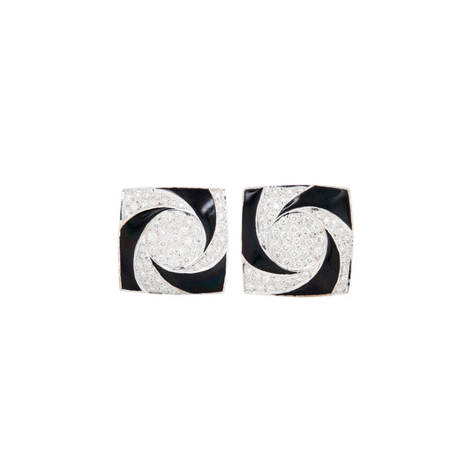 Diamond & Black Enamel 'Hypnotic' Swirl Square Cufflinks in 18 Carat White Gold