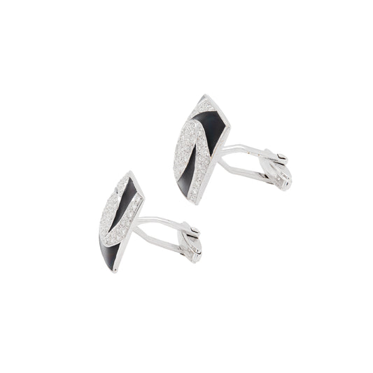 Diamond & Black Enamel 'Hypnotic' Swirl Square Cufflinks in 18 Carat White Gold
