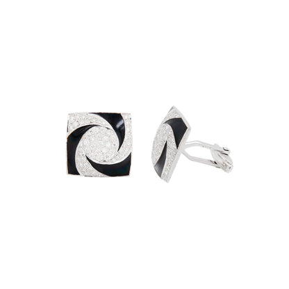 Diamond & Black Enamel 'Hypnotic' Swirl Square Cufflinks in 18 Carat White Gold