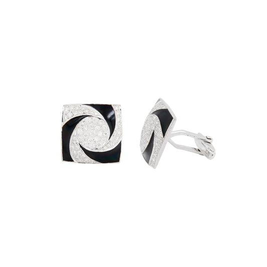 Diamond & Black Enamel 'Hypnotic' Swirl Square Cufflinks in 18 Carat White Gold