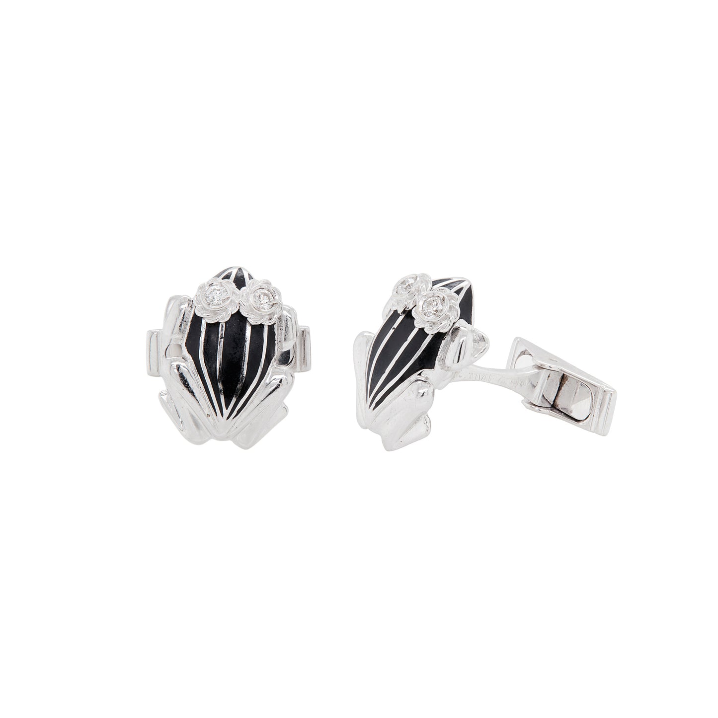 Black Enamel and Diamond 18 Carat White Gold Frog Cufflinks