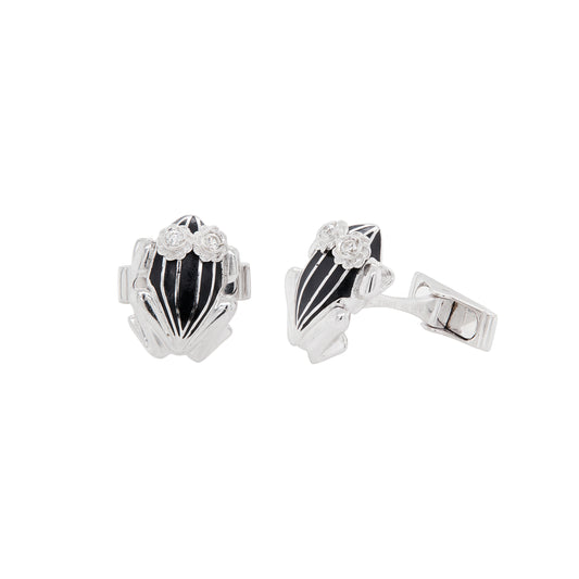 Black Enamel and Diamond 18 Carat White Gold Frog Cufflinks