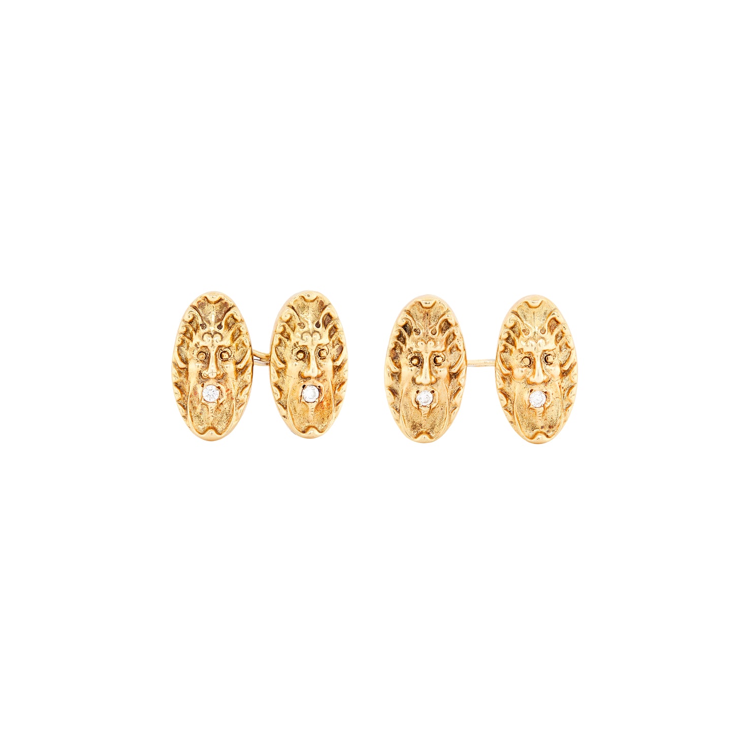 Vintage Diamond and 18 Carat Yellow Gold Stylised Mask Oval Cufflinks, c.1960s