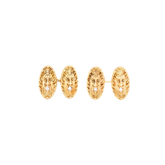 Vintage Diamond and 18 Carat Yellow Gold Stylised Mask Oval Cufflinks, c.1960s