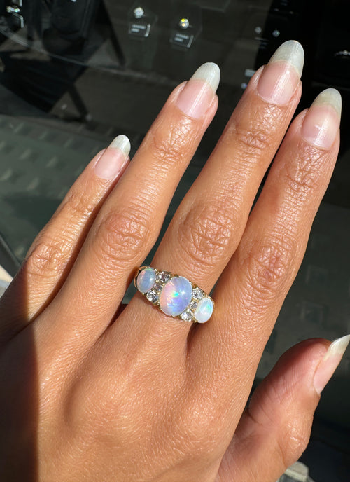 Antique Opal and Old mine cut diamond 18ct Yellow Gold Ring