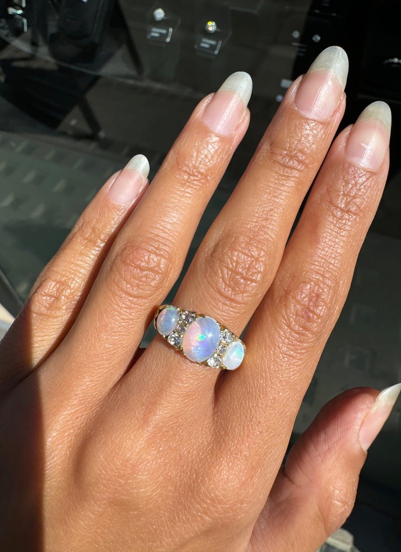 Antique Opal and Old mine cut diamond 18ct Yellow Gold Ring
