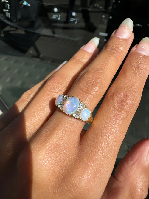 Antique Opal and Old mine cut diamond 18ct Yellow Gold Ring