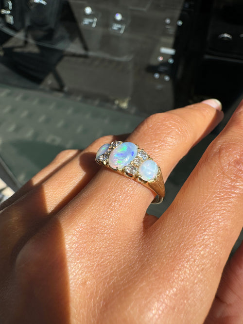 Antique Opal and Old mine cut diamond 18ct Yellow Gold Ring