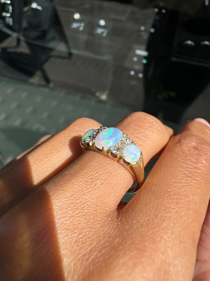 Antique Opal and Old mine cut diamond 18ct Yellow Gold Ring