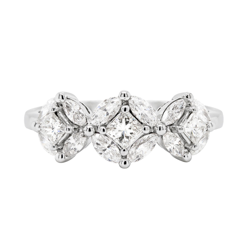 18 Carat White Gold Trilogy Diamond Cluster Engagement Ring
