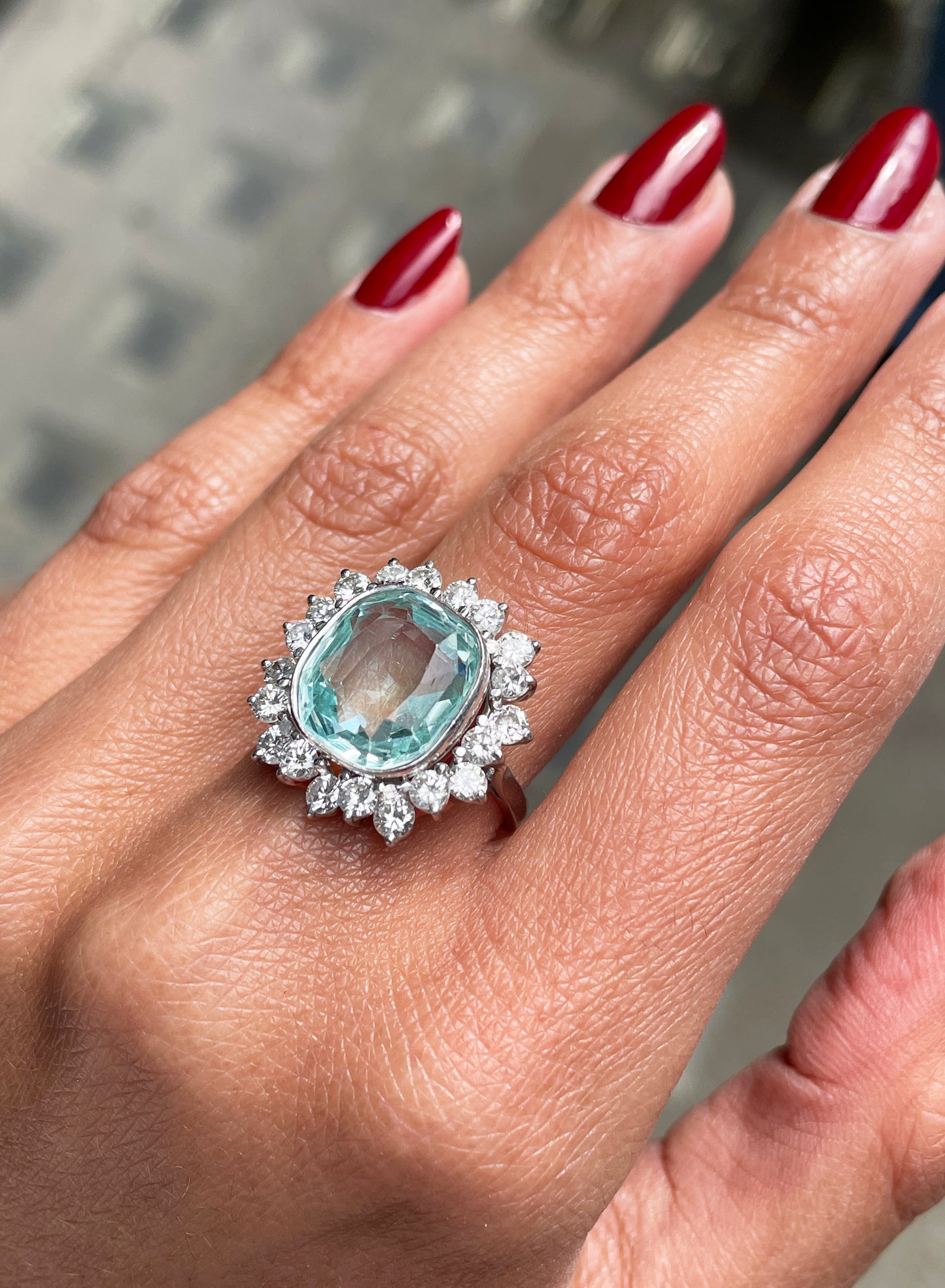 Aquamarine and Diamond Platinum Cluster Dress Ring