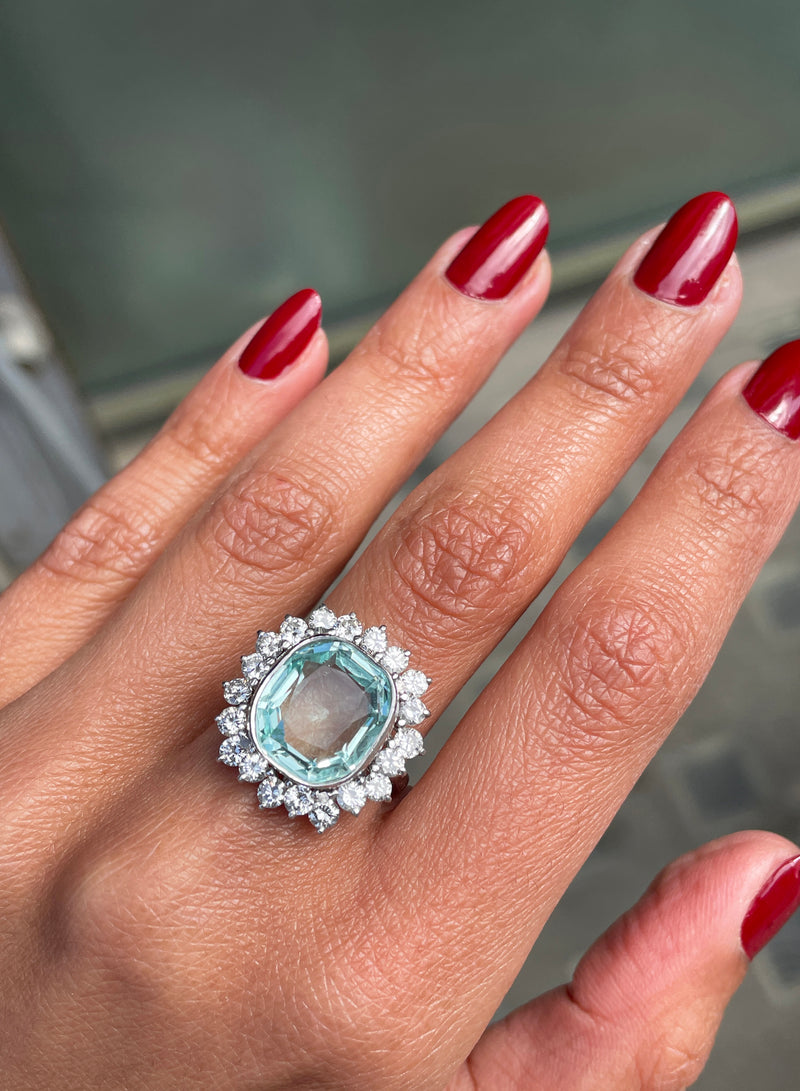 Aquamarine and Diamond Platinum Cluster Dress Ring