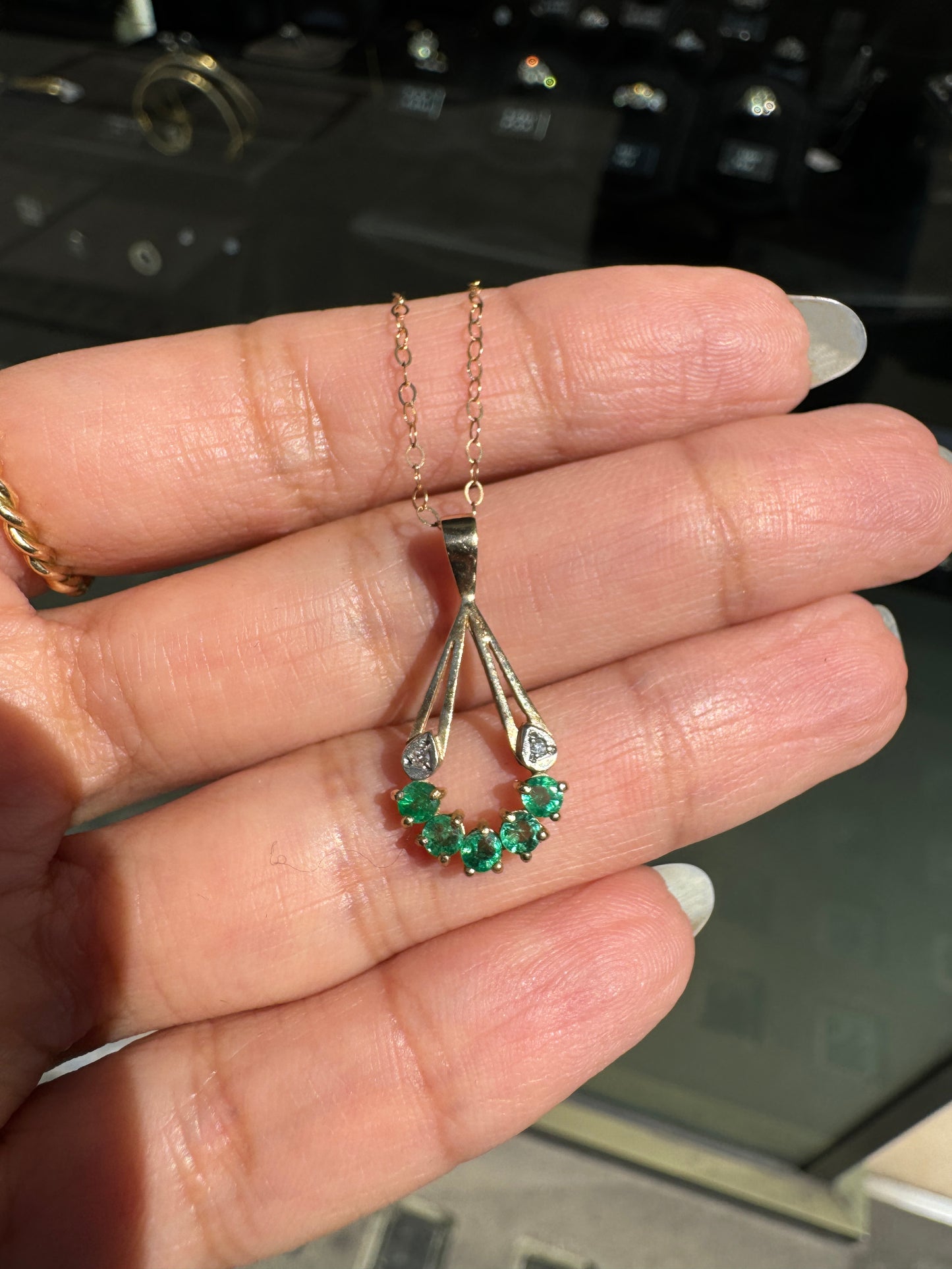Vintage Emerald and Diamond 9 Carat Yellow Gold Open Work Drop Pendant and Chain
