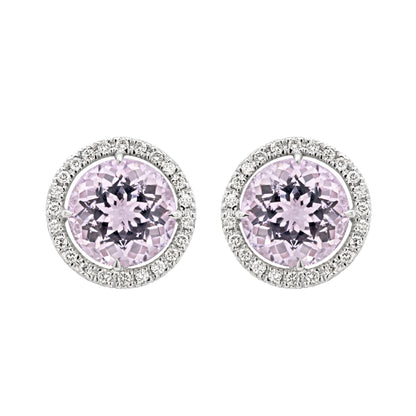 Kunzite and Diamond 18 Carat White Gold Halo Cluster Stud Earrings