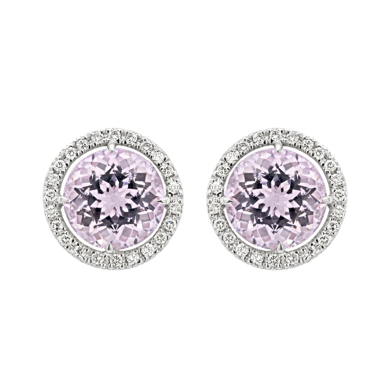 Kunzite and Diamond 18 Carat White Gold Halo Cluster Stud Earrings