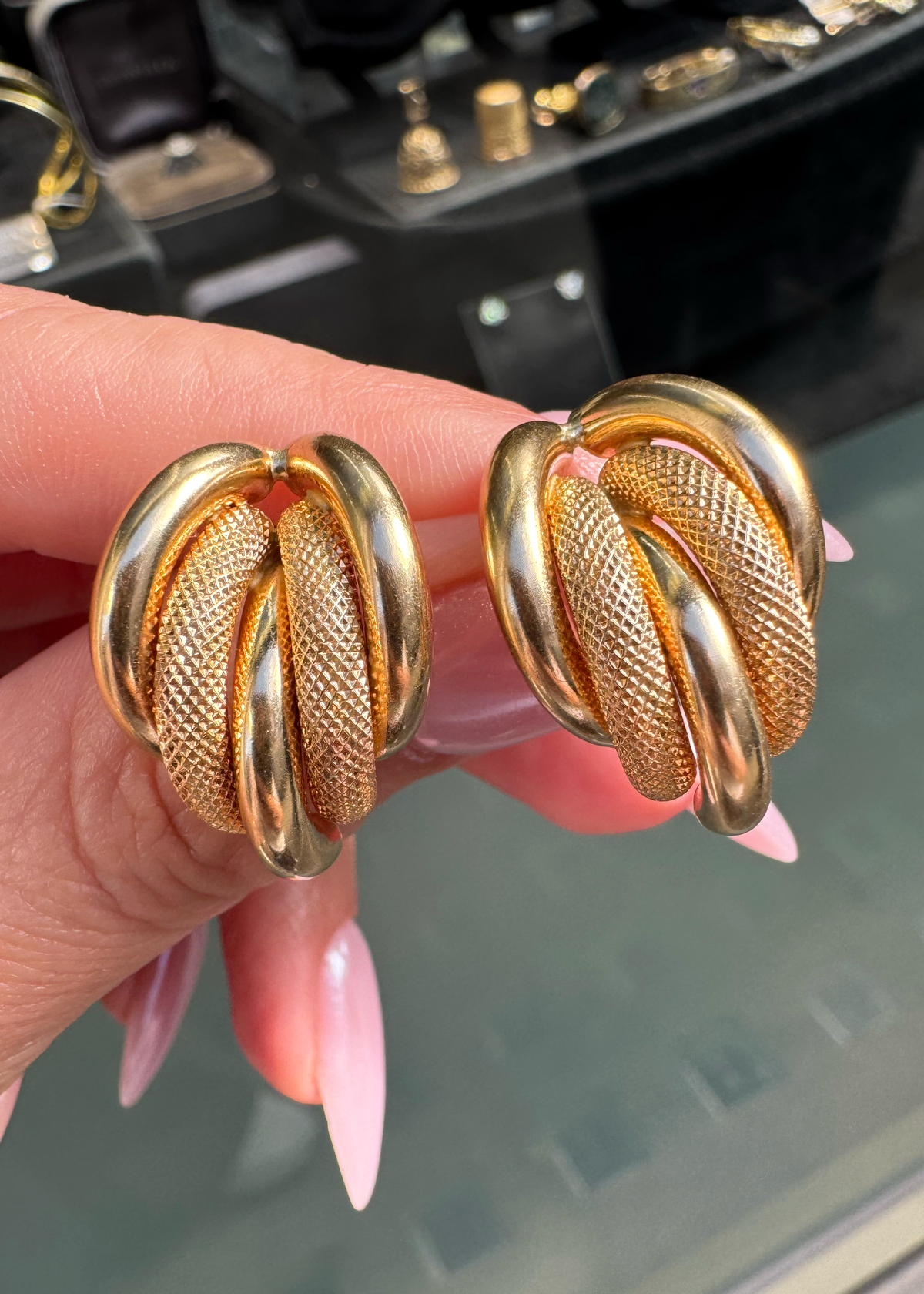 Vintage Two-Texture 18 Carat Yellow Gold Italian Half-Hoop Earrings