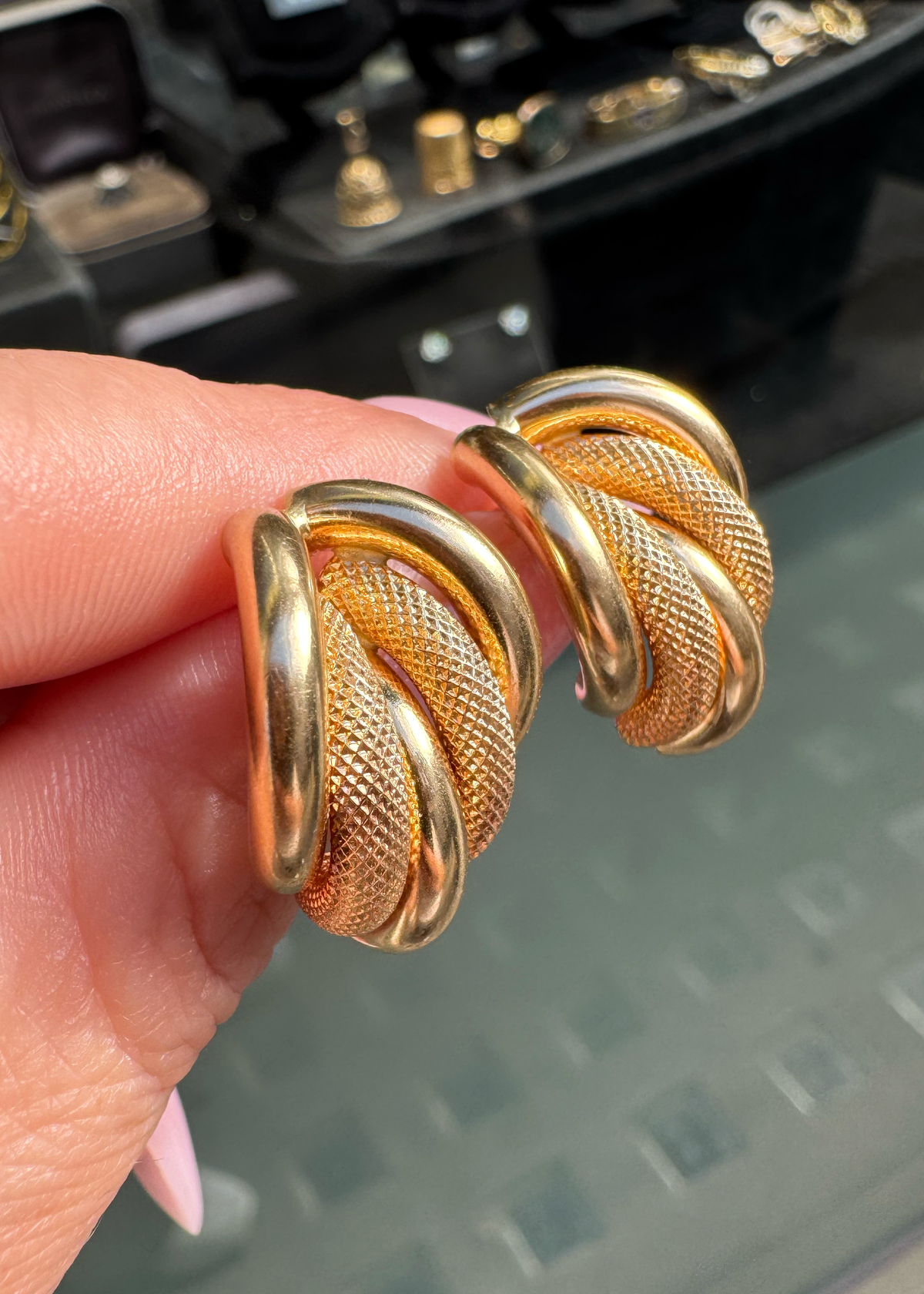 Vintage Two-Texture 18 Carat Yellow Gold Italian Half-Hoop Earrings