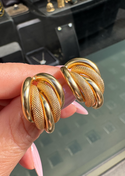 Vintage Two-Texture 18 Carat Yellow Gold Italian Half-Hoop Earrings