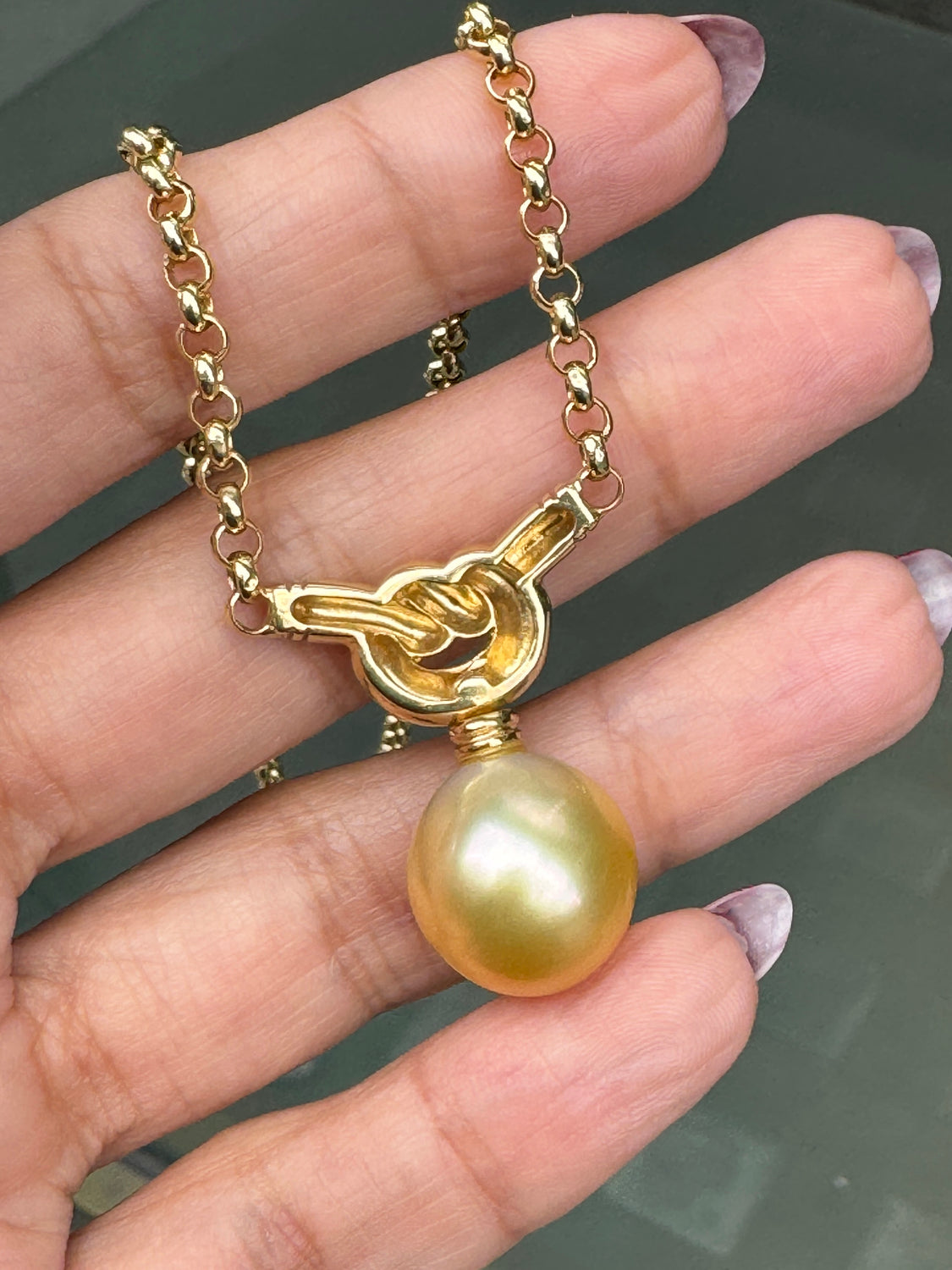 Golden Cultured Pearl and 18 Carat Yellow Gold Love Knot Pendant Necklace