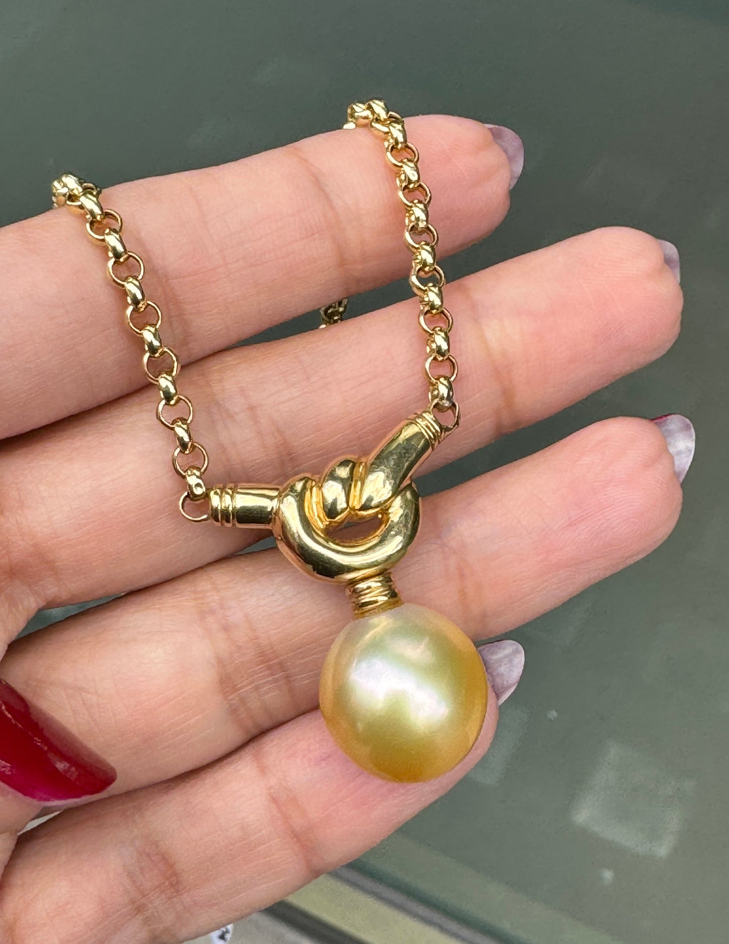 Golden Cultured Pearl and 18 Carat Yellow Gold Love Knot Pendant Necklace